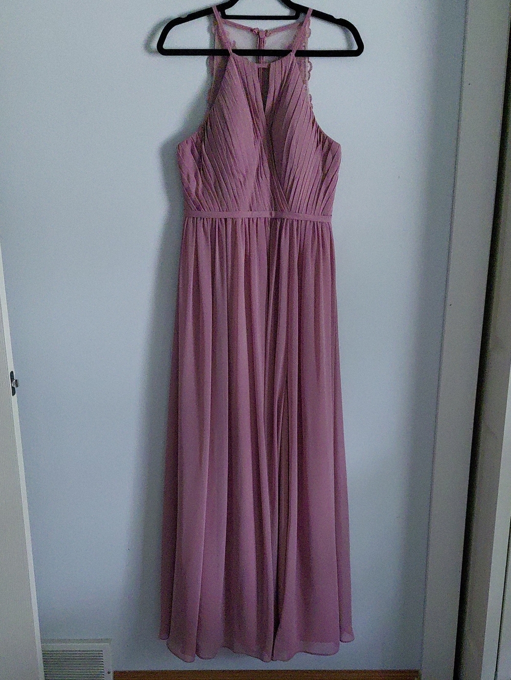 Azazie Purple Pleated Sheer Floral Lace Halter Sleeveless Maxi Bridesmaid Dress